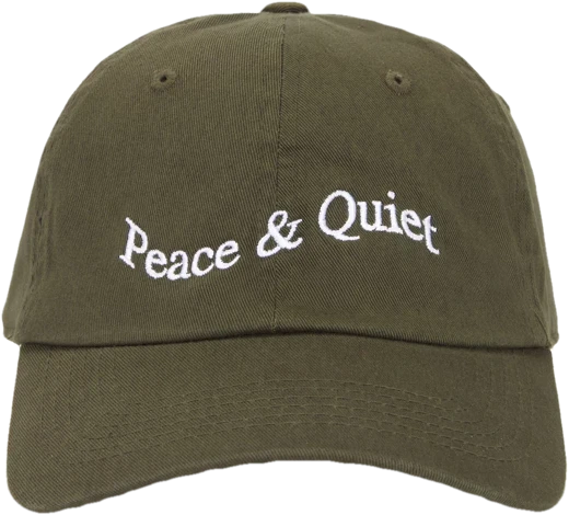 An olive Peace and Quiet cap