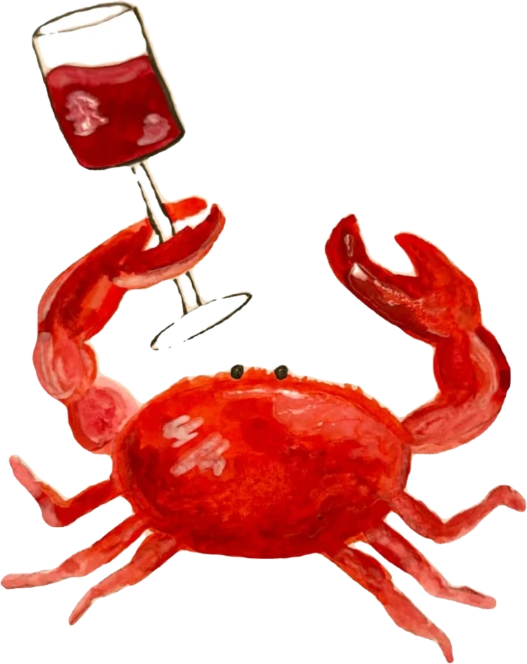 A crab raising a glass of red wine